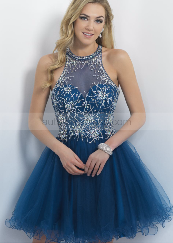 Navy Blue Tulle Beaded Halter Knee Length Prom Dress